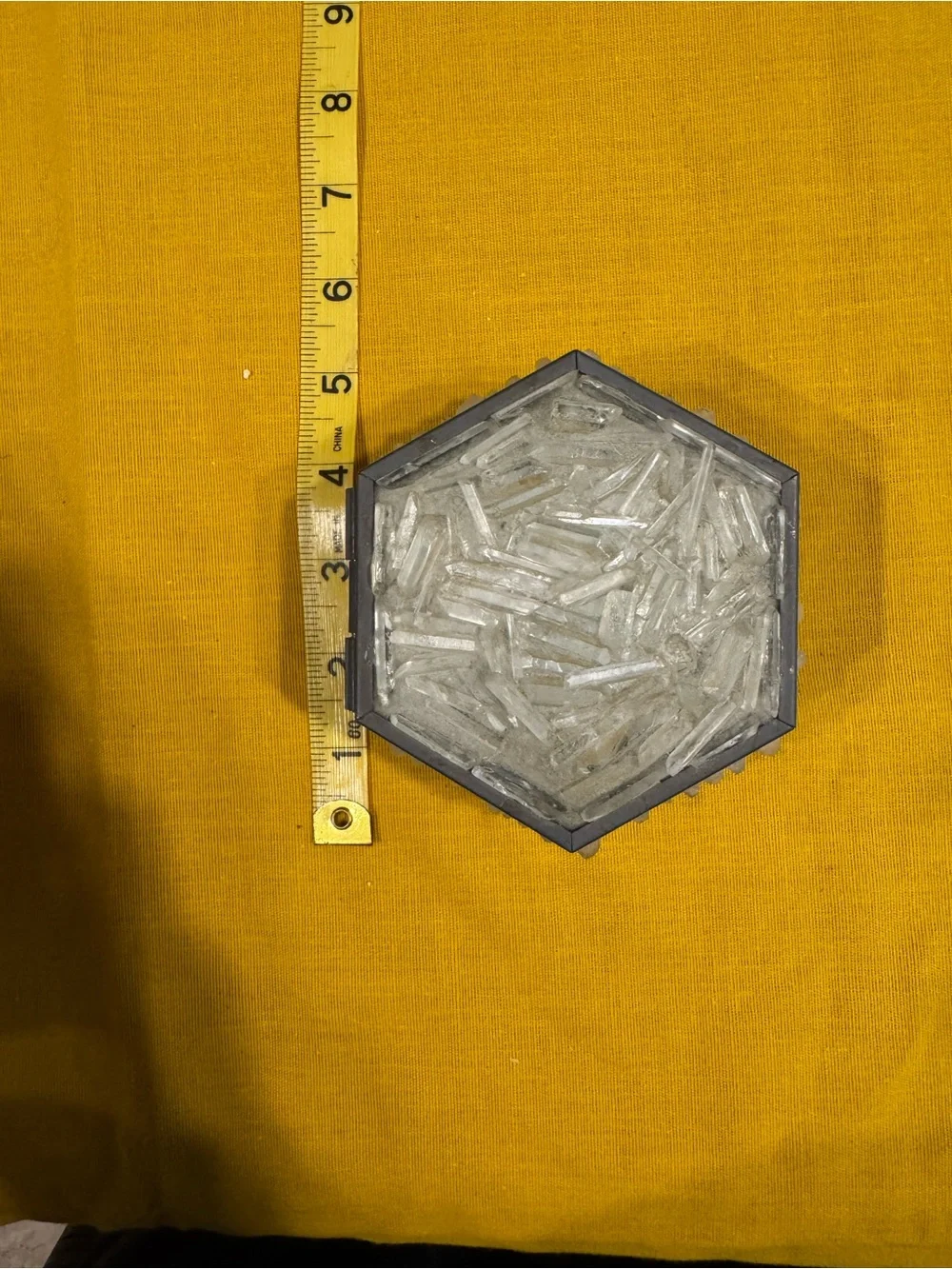 Vintage Hexagonal Raw Clear Quartz Crystal Mirror Trinket Box